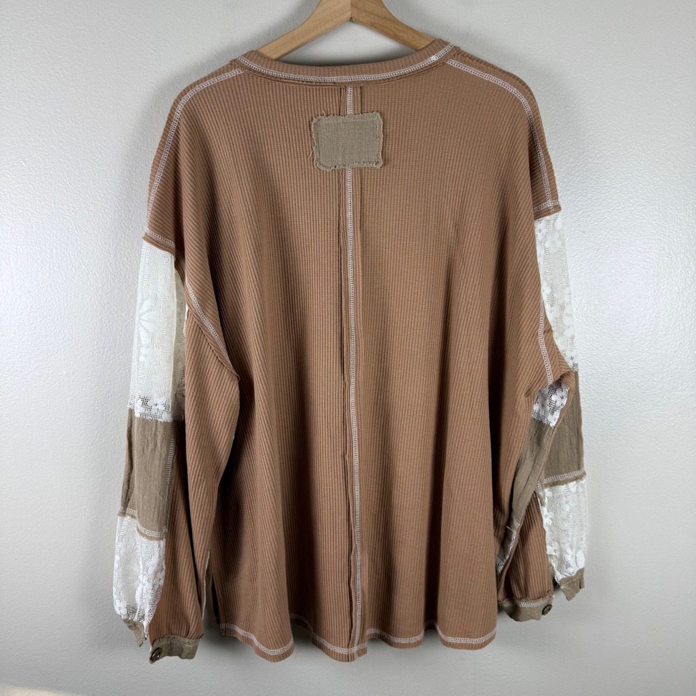POL Women's Large Thermal Top Brown Lace Balloon Sleeve V-Neck Boho - Picture 2 of 10
